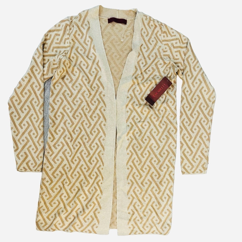 NWT Love Scarlett Long Open Cardigan Med Geometric AOP Boho Lagenlook‎ MSRP $64